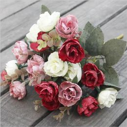 Fleurs décoratives un bouquet de roses artificielles 21 têtes de Roses effet de peinture à l'huile simulé rouge/rose/crème/bordeaux/violet