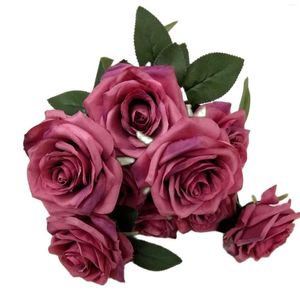 Fleurs décoratives un bouquet de roses en soie fleur 9/10 têtes branche française artificielle pour centres de table de mariage décoration florale de Table à la maison
