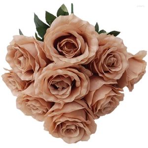 Fleurs décoratives Un bouquet de roses en soie Fleur artificielle 9 têtes Rosa Fluer Bouquet pour centres de table de mariage Arrangement floral 16 couleurs