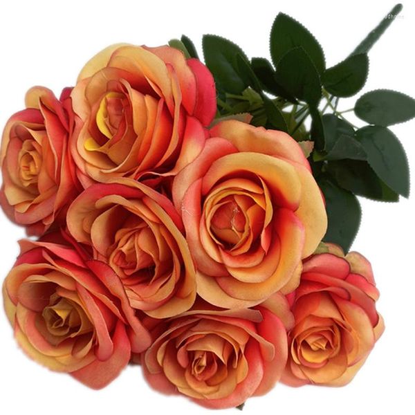 Fleurs décoratives Un Bouquet de Roses en Soie Fleur Artificielle 7 Têtes Rosa Fluer Bouquet Pour Centres De Mariage Arrangement Floral 10 Couleur
