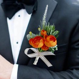 Fiori decorativi Arancione Rosa artificiale Fiore all'occhiello Polso Corsage Damigella D'onore Sposo Accessori da sposa Testimoni dello sposo