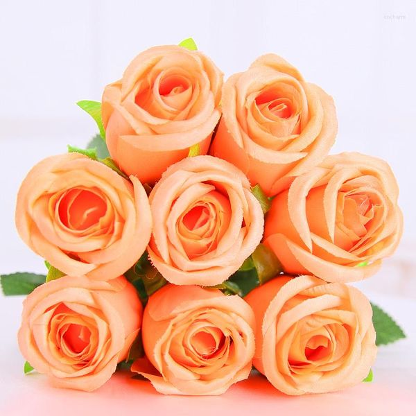 Flores decorativas Color naranja Rosa Real Touch Flor de seda artificial Floral para el regalo del día de San Valentín Ramo de boda Decoración del hogar