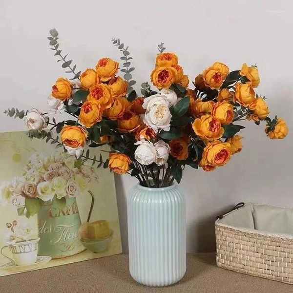 Flores decorativas Peonía naranja Rosa artificial Boda Hogar Decoración de bricolaje Alta calidad Gran ramo Accesorios de espuma Artesanía Flor falsa blanca