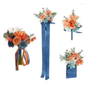 Fleurs décoratives Bouquet de tissu de tissu de mariage orange pour la mariée Hand / bracelet élégant