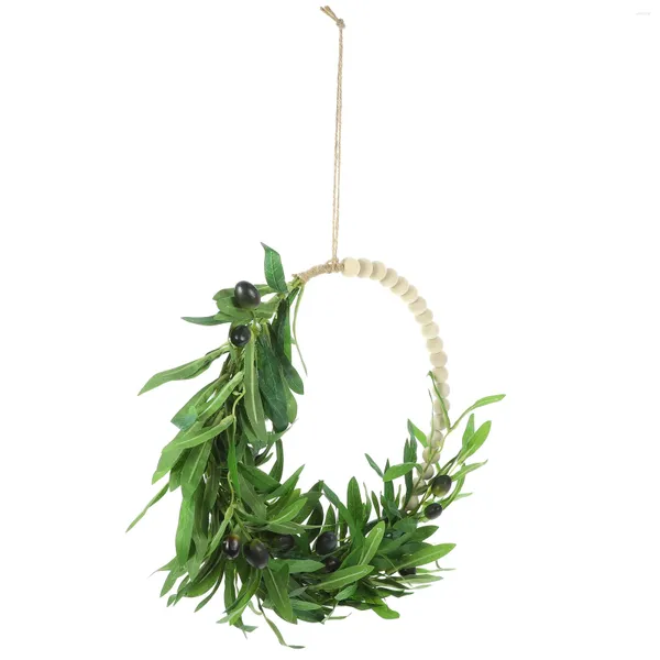 Flores decorativas Guirnalda artificial al aire libre Decoración del hogar Corona de rama de olivo Adorno de cuentas de madera de plástico