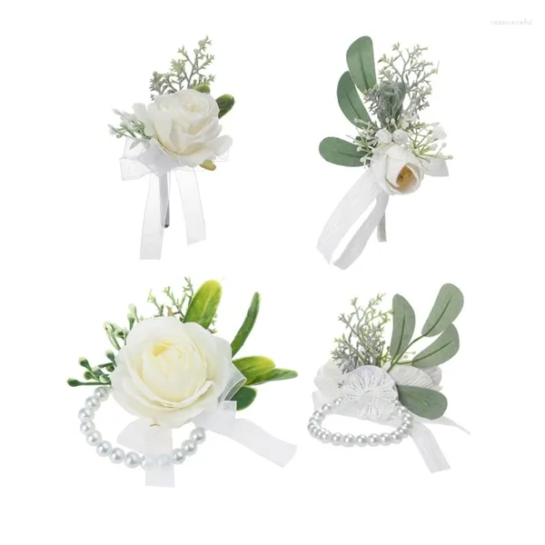 Fleurs décoratives en plein air mariage artificielle Rose poignet Corsage bracelet boutonnière avec feuilles de verdure fête bal Bracelet broche broche