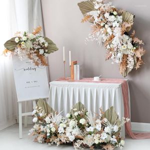 Fleurs décoratives Palm Fan Feuille Plantes Naturel Grand Pampas Herbe Rose Fleur Rangée Arrangement De Mariage Toile De Fond Décor DIY Tenture Murale