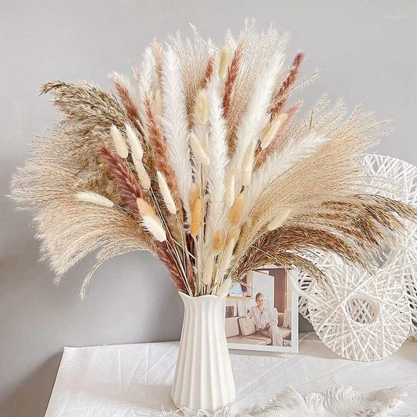 Flores decorativas Pampa Hierba Hojas Ramo Decoraciones de boda Phragmites secos naturales Arreglo de caña Decoración Navidad para la mesa del hogar