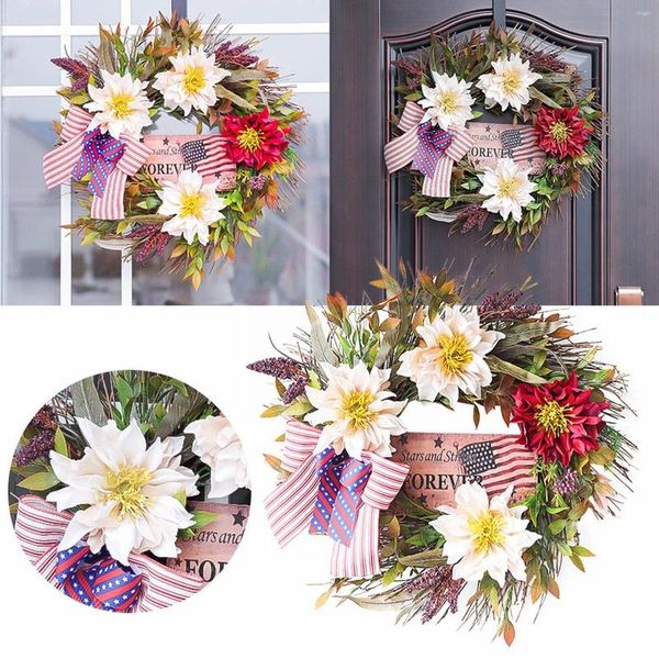 Couronnes de fleurs décoratives pour porte d'entrée, couronne patriotique du 4 juillet, jour de l'indépendance, avec ventouses de fenêtre