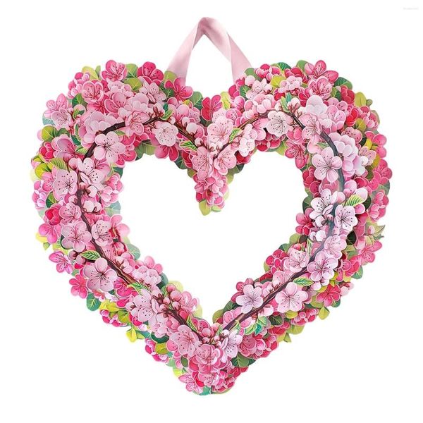 Flores decorativas, corona de corazón de cereza de papel, 15 pulgadas, organizador de tarjetas de regalo de imitación florales reutilizables para hombres, saludo de felices fiestas