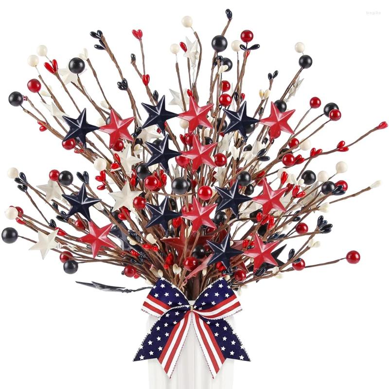 Decorative Flowers Patriotic Artificial Berry Stem Picks White Blue Red Stars For 4th Of July Independence Day Memorial Iron Faux Decor