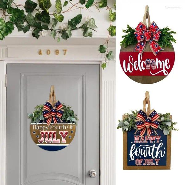 Cintre de porte patriotique à fleurs décoratives, signe de bienvenue pour le jour de l'indépendance, couronne artificielle avec nœud papillon, rouge, blanc et bleu