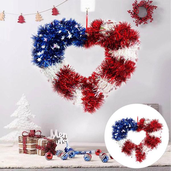 Fleurs décoratives fête patriotique décoration en forme de coeur jour de l'indépendance rouge blanc et bleu couronne brillante maison guirlande de cheminée de Noël