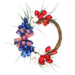 Couronne de fleurs décoratives patriotique, tulipe artificielle, 4 juillet, fête de l'indépendance, guirlande de fleurs rouges, blanches et bleues pour porte de porche