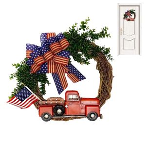 Decoratieve bloemen patriottische krans voor voordeur decor handgemaakte Amerikaanse strepen sterren kransen met jute boog alle seizoenen Garland