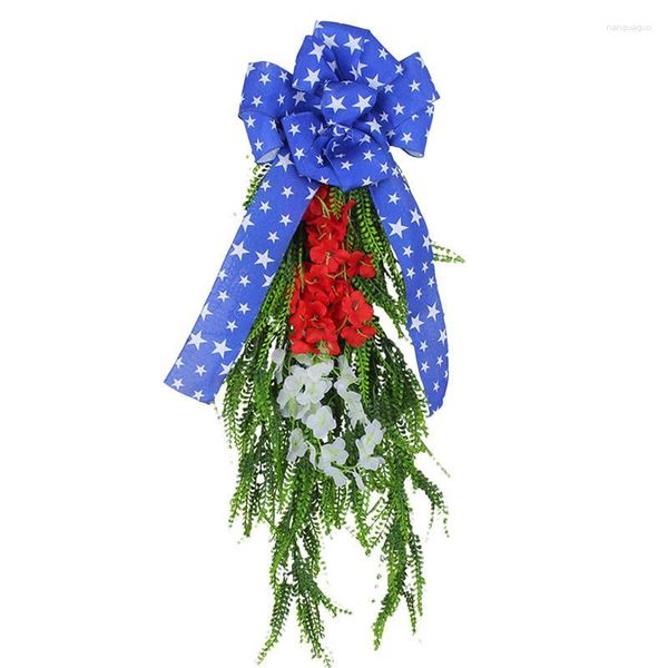 Couronne patriotique de fleurs décoratives pour porte d'entrée 29.52x11.81 pouces Memorial Day rouge blanc et bleu étoiles fleur artificielle