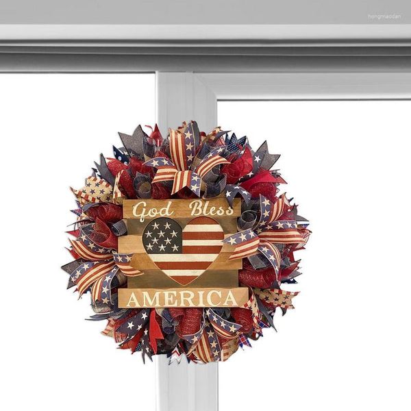 Flores decorativas, corona patriótica, Dios bendiga a América, letrero para puerta delantera, 40cm, decoración roja, blanca y azul para el Día de los Presidentes