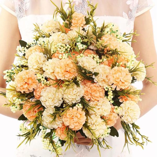 Fleurs décoratives boule de perles chrysanthème Bouquet artificiel décor à la maison Pure à la main simulé soie fleur plante mariage