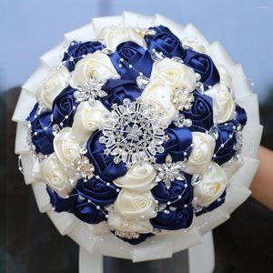 Fleurs décoratives perles perlées Bouquet de mariage étincelant Rinestone Satin Rose main coloré intelligent et grande taille W631P