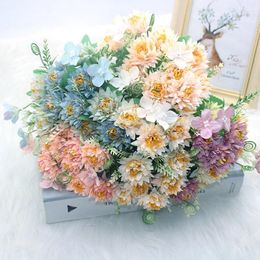 Fleurs décoratives Peony Fake Flower 10 Gerbera Chrysanthemum Bouquet de luxe de haute qualité Décoration de mariage Tableau Home Table Sky Blue Artific