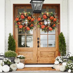 Couronne de fleurs décoratives, pivoines, citrouille, ornements en plastique, couronne de récolte d'automne, œuvres d'art exquises, décoration de porte d'entrée de maison d'halloween