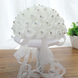 Decoratieve bloemen PerfectLifeoh Wedding Bruid Hand Bouquet Pearl Wit Rose bruidsmeisje Schuim bruids lint