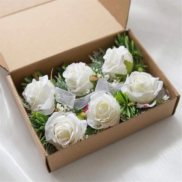 Flores decorativas, pétalos, flores salvajes, rosa de marfil, ramillete de muñeca, pulsera y boutonniere para hombre, conjunto para boda blanca