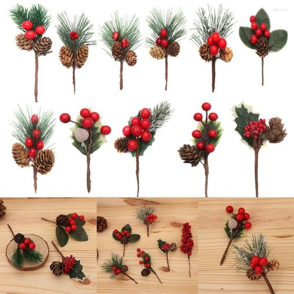 Flores decorativas Cono de pino Rojo Navidad Bayas Adornos artificiales Árbol de Navidad Decoración Hogar Floral