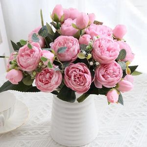Fleurs décoratives rose 9 tête Persian Rose Bouquet Artificiel Silk Peony Fausse fleur pour la salle de mariage Décoration de la salle à la maison Cadeau de Noël