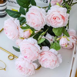 Fleurs décoratives rose artificiel 3 têtes de silk pivoine bouquet thé rose plante fausse plante pour le salon bricol