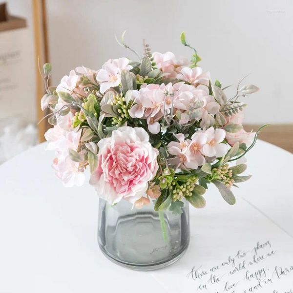 Fleurs décoratives Rose pivoine artificielle soie Rose hortensia Bouquet Vase pour décorations pour la maison fête mariage mariée fausses plantes