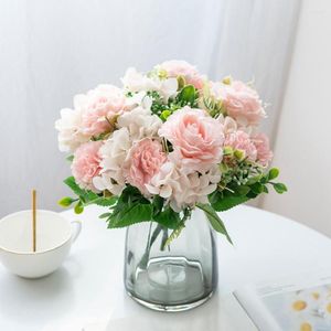 Fleurs décoratives Rose Soie Artificielle Hortensia Roses Bouquet De Mariage De Noël Maison Vases De Jardin Pour Décoration Guirlande Mur De Fleurs