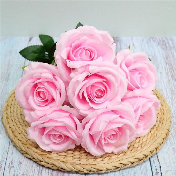 Flores decorativas rosa seda artificial ramo de rosas falsas decoración del banquete de boda 7 cabezas rosas azules flor decoración del jardín del hogar
