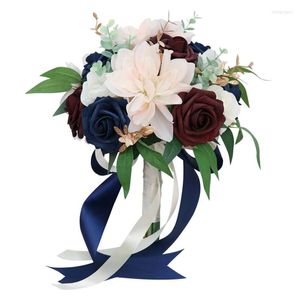 Fleurs décoratives Rose Bourgogne Blanc Mariage Artificiel Bouquet De Mariée Blooming Real Touch- Rose Pour Cérémonie Dropship