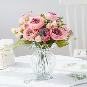 Fleurs décoratives Rose Rose Automne Mariage Artificiel Décoration De La Maison De Haute Qualité Soie Pivoine Bouquet De Luxe Faux Arrangement De Fleurs