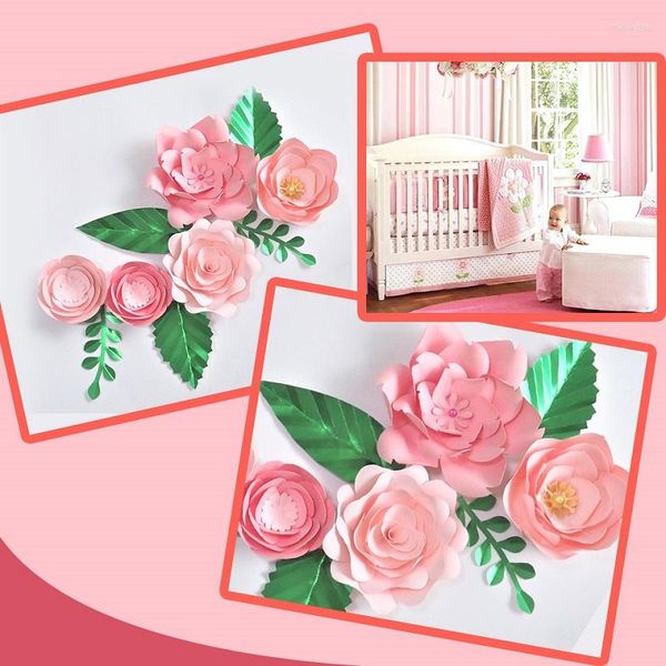 Fleurs décoratives Rose Rose bricolage papier feuilles ensemble pour anniversaire décors décoration bébé fille pépinière mur déco Floral artisanat enfants chambre Art