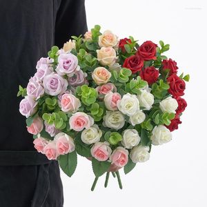 Decoratieve bloemen roze zijden roos simulatie bloem bruids boeket pieter nep witte huis bruiloft kerstdecoratie