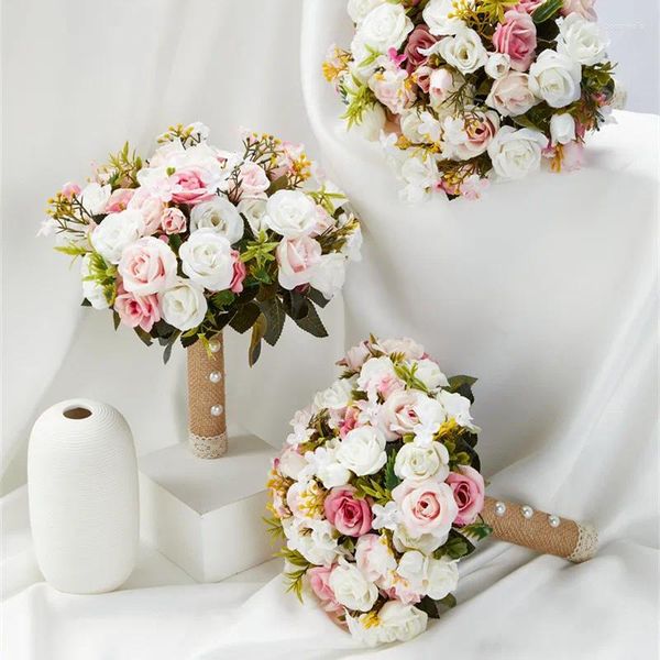 Fleurs décoratives de mariage rose Bouquet Bride Bridesmaid tenant des roses de ruban de soie accessoires de mariage de fleurs artificielles