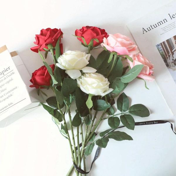 Fleurs décoratives Roses en soie blanches, fausses fleurs artificielles à branche unique, pour décoration de fête de mariage à domicile