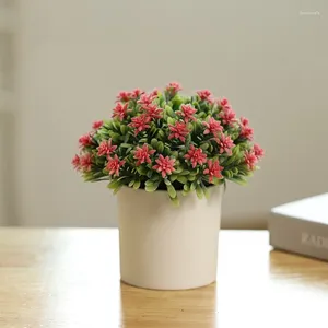 Pot cylindrique en plastique de fleurs décoratives, flocage avec boule de fleurs, bonsaï, plante verte en soie artificielle