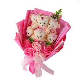 Fiori decorativi Bouquet di peluche Giocattolo Rosa Cartoon Rosa artificiale LED String Light Aroma Farcito Orso per l'anniversario di compleanno