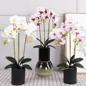 Decoratieve bloemen Ingemaakte kunstmatige arrangementen Realistische Phalaenopsis-orchidee in zwarte pot Woondecoratie Woonkamer Kantoor Slaapkamer