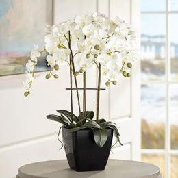 Decoratieve bloemen Pot Faux kunstmatige arrangementen realistische witte phalaenopsis orchidee in zwarte pot huisdecoratie woonkamer