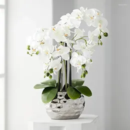 Fleurs décoratives en pot, faux arrangements artificiels, orchidée Phalaenopsis blanche réaliste dans un pot argenté, décoration de la maison, salon