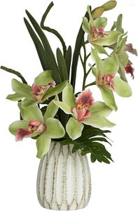 Fleurs décoratives en pot, faux arrangements artificiels, orchidée Cymbidium vert rose réaliste dans un Pot en céramique blanche, décoration de la maison
