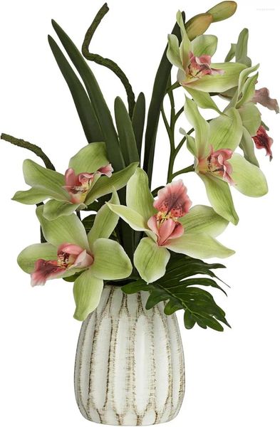 Fleurs décoratives en pot, faux arrangements artificiels, orchidée Cymbidium vert rose réaliste dans un Pot en céramique blanche, décoration de la maison