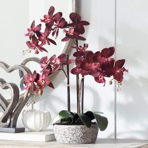 Fleurs décoratives en pot en soie, arrangement de fleurs artificielles, orchidée rouge réaliste dans un vase gris craquelé pour la décoration de la maison, 24 pouces de haut