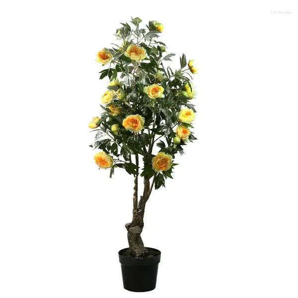 Fleurs décoratives en pot en pot jaune et orange pivoine artificielle arbre de fleurs bouquet enveloppe en papier noir roses pressées à la maison