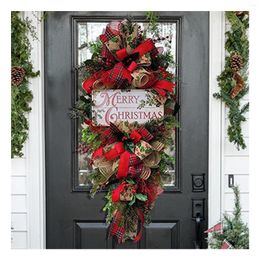 Flores decorativas coronas navideñas prelitadas cintas a cuadros rojas de la placa de la placa de abeto para la ventana de la puerta delantera