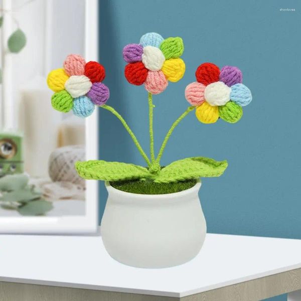 Petites fleurs décoratives conservées au crochet, faites à la main, plante en pot, fil réaliste, décoration élégante pour la maison, longue durée